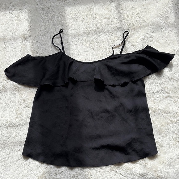 Victoria’s Secret Black Off-Shoulder Satin Ruffle Top - Spaghetti Strap Blouse - Picture 1 of 7